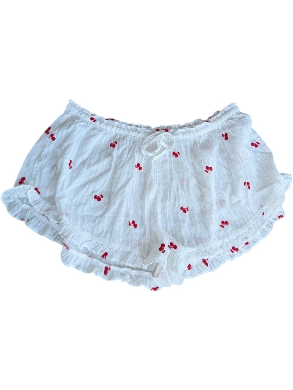 Out From Under Shorts Large White Cherry Print Ruffle Hem Lounge Summer Cute L